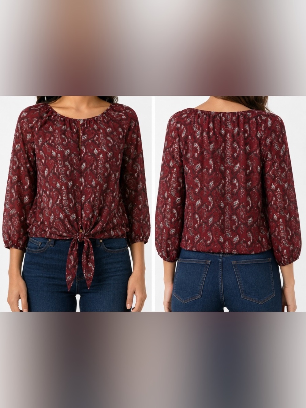 WEST KEI Burgundy Paisley Tie-Front Blouse